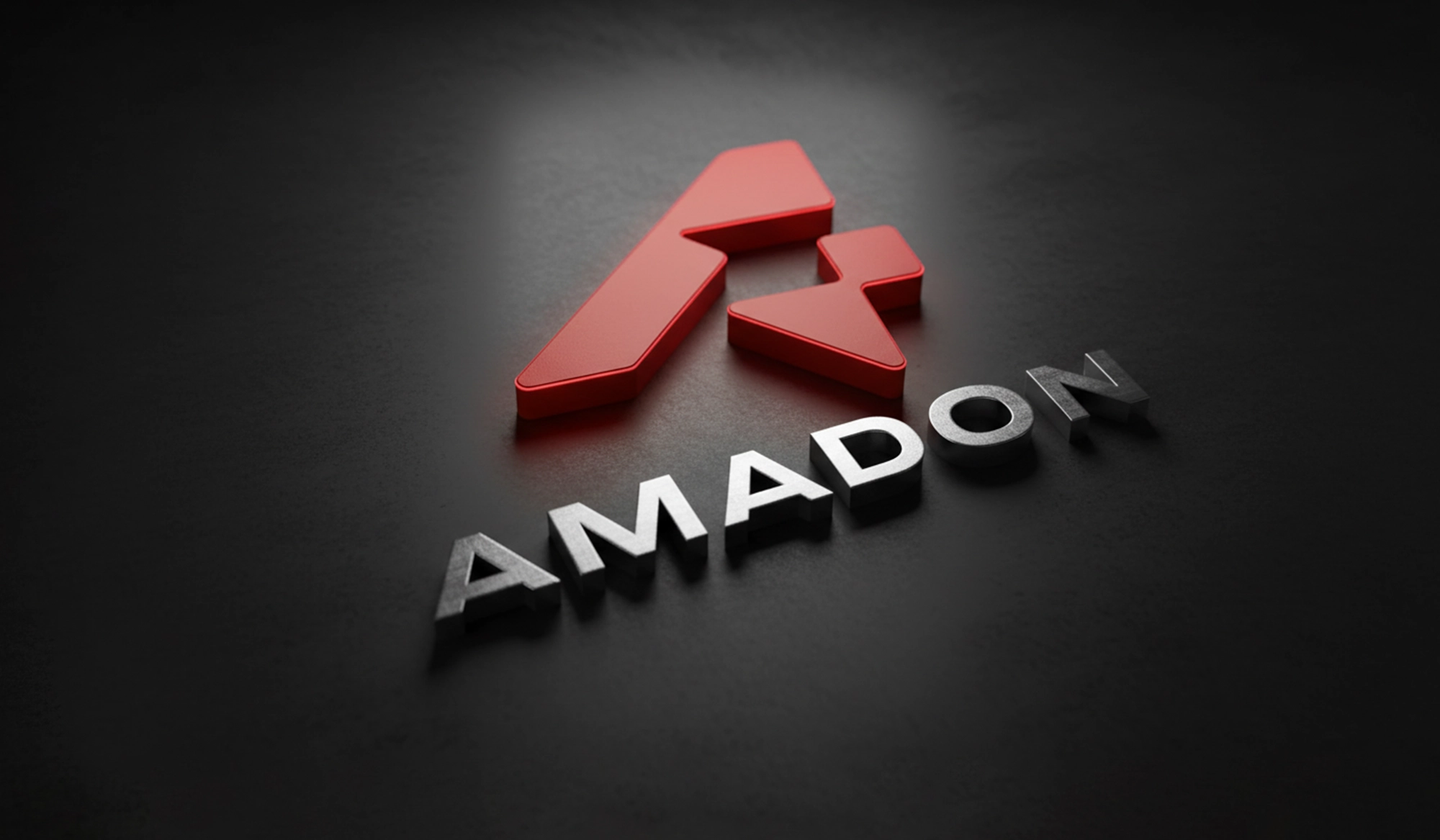 Объёмный красный символ и название AMADON на тёмной поверхности